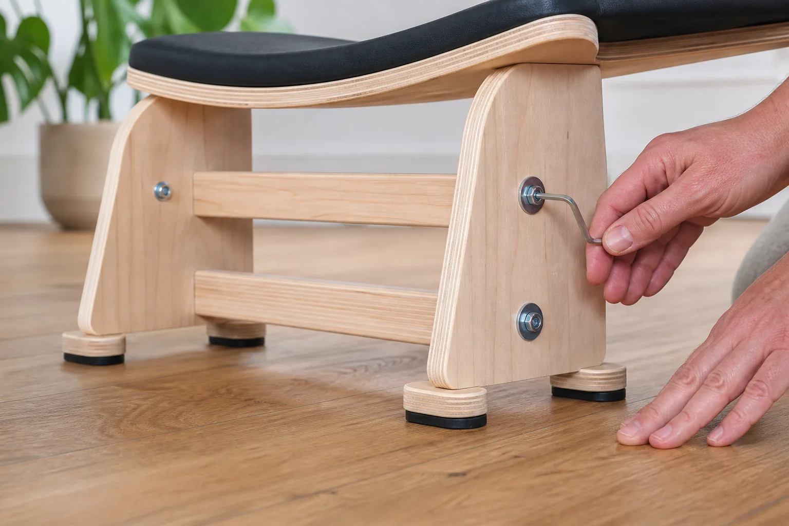 Close view of a wooden headstand bench with four rubber feet, two braces and bolts with washers while a hand checks a fastener with a hex key