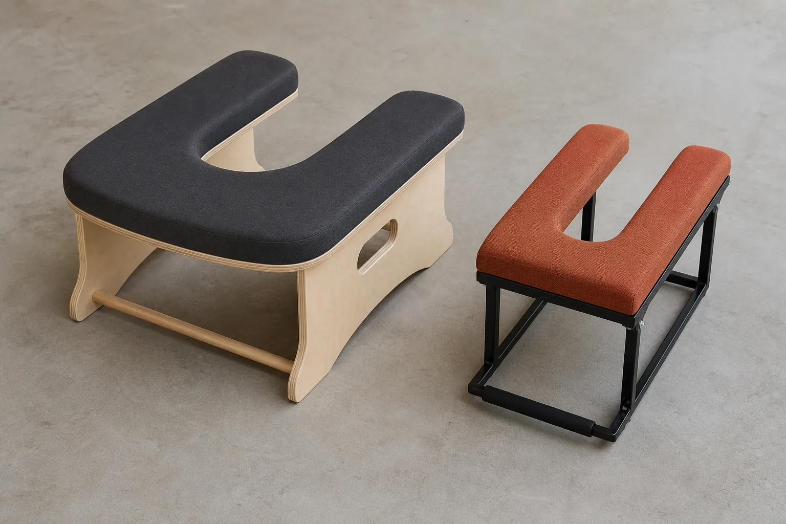 Wide natural plywood headstand bench with a charcoal U-shaped cushion beside a narrower black metal-frame bench with a terracotta cushion
