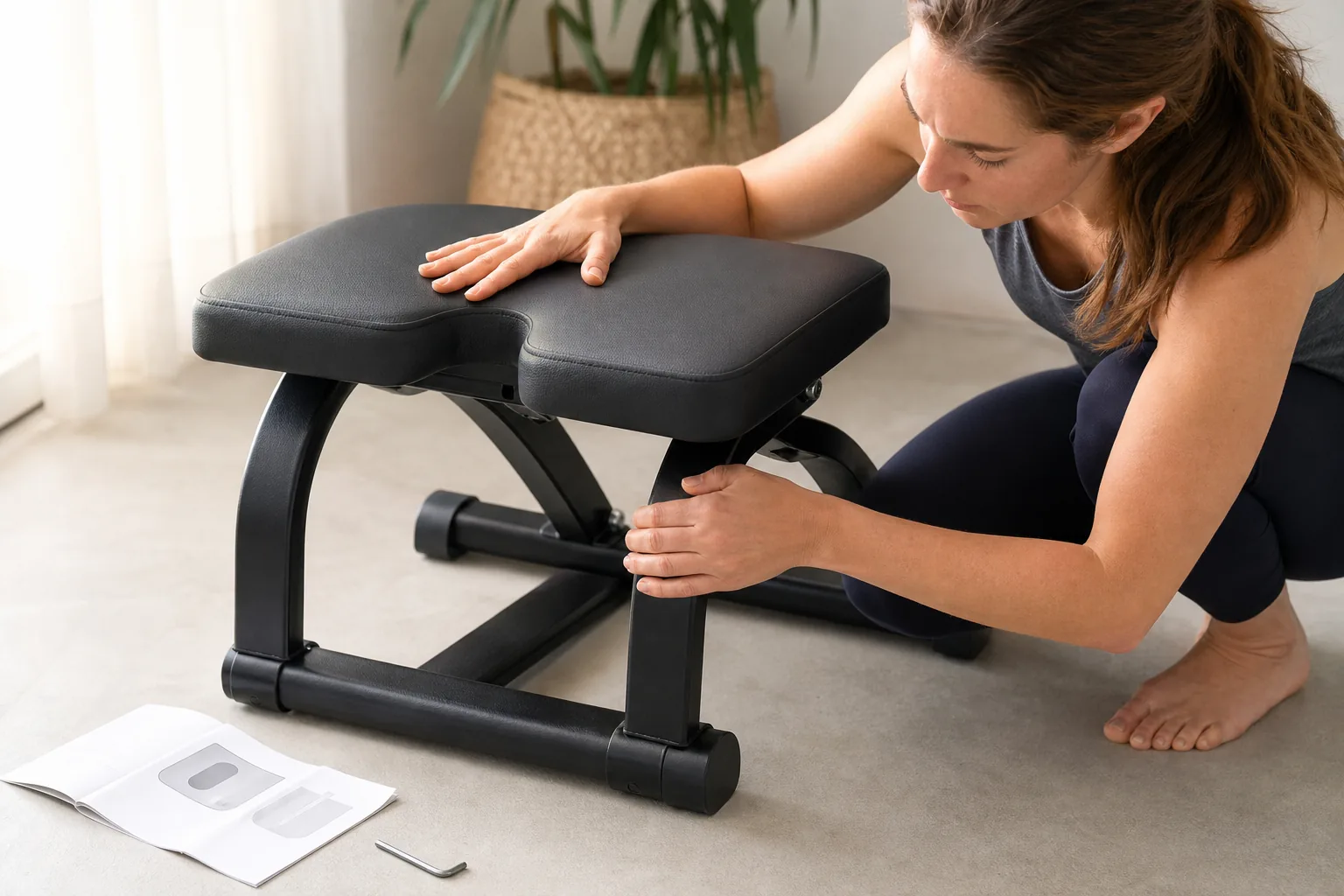 Adult inspecting the cushion, frame joint and feet of an upright black yoga headstand bench beside a plain manual and hex key