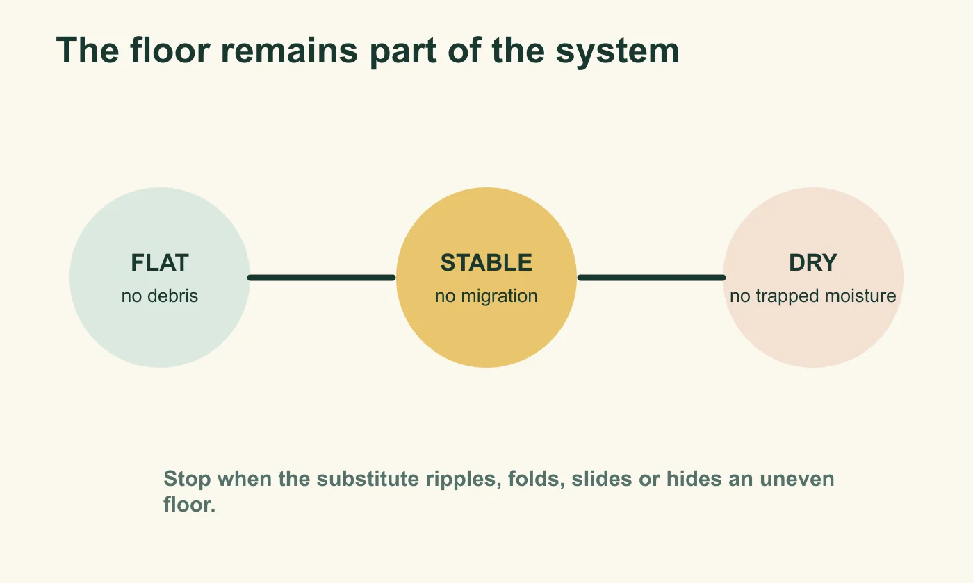 Three-part substitute surface inspection checking that the area is flat, stable and dry