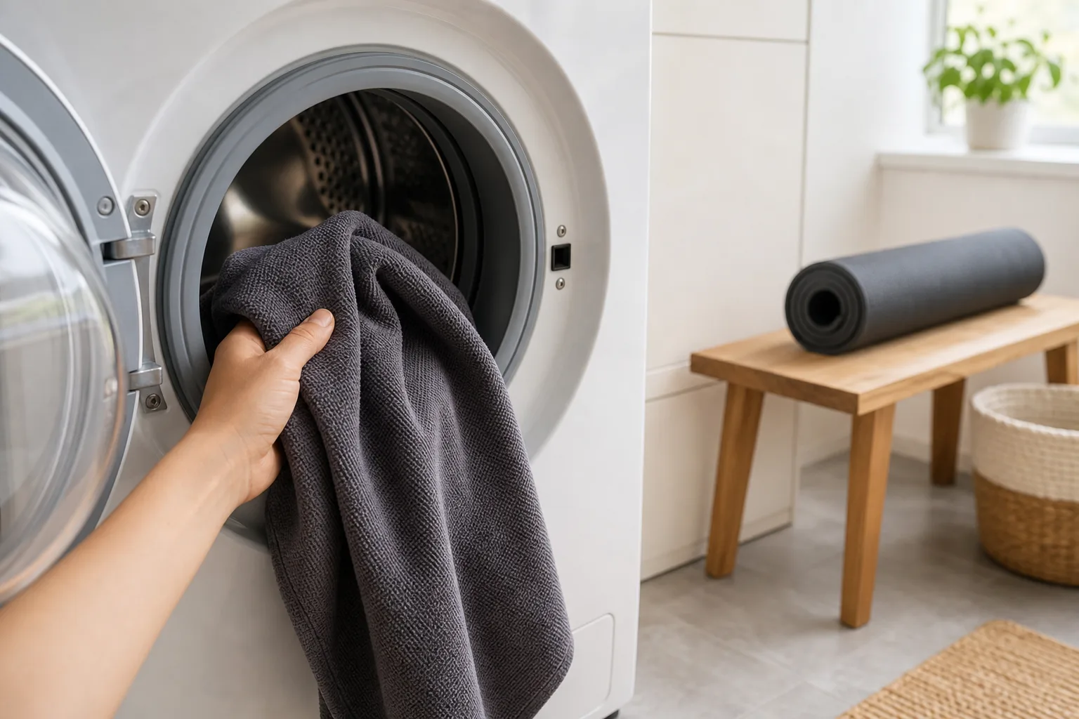 Editorial photograph of a hand placing a dark microfiber towel into a washing machine while a separate rolled yoga mat remains on a dry bench