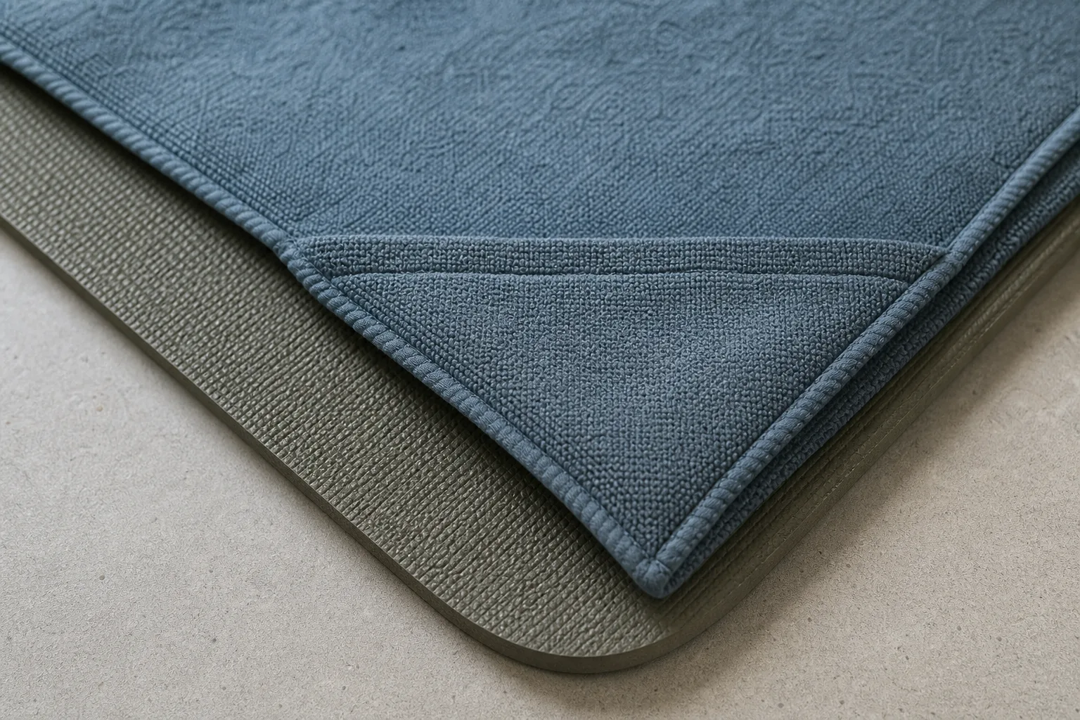 Macro editorial photograph of a blue microfiber towel corner pocket fitted over the rounded corner of a textured yoga mat