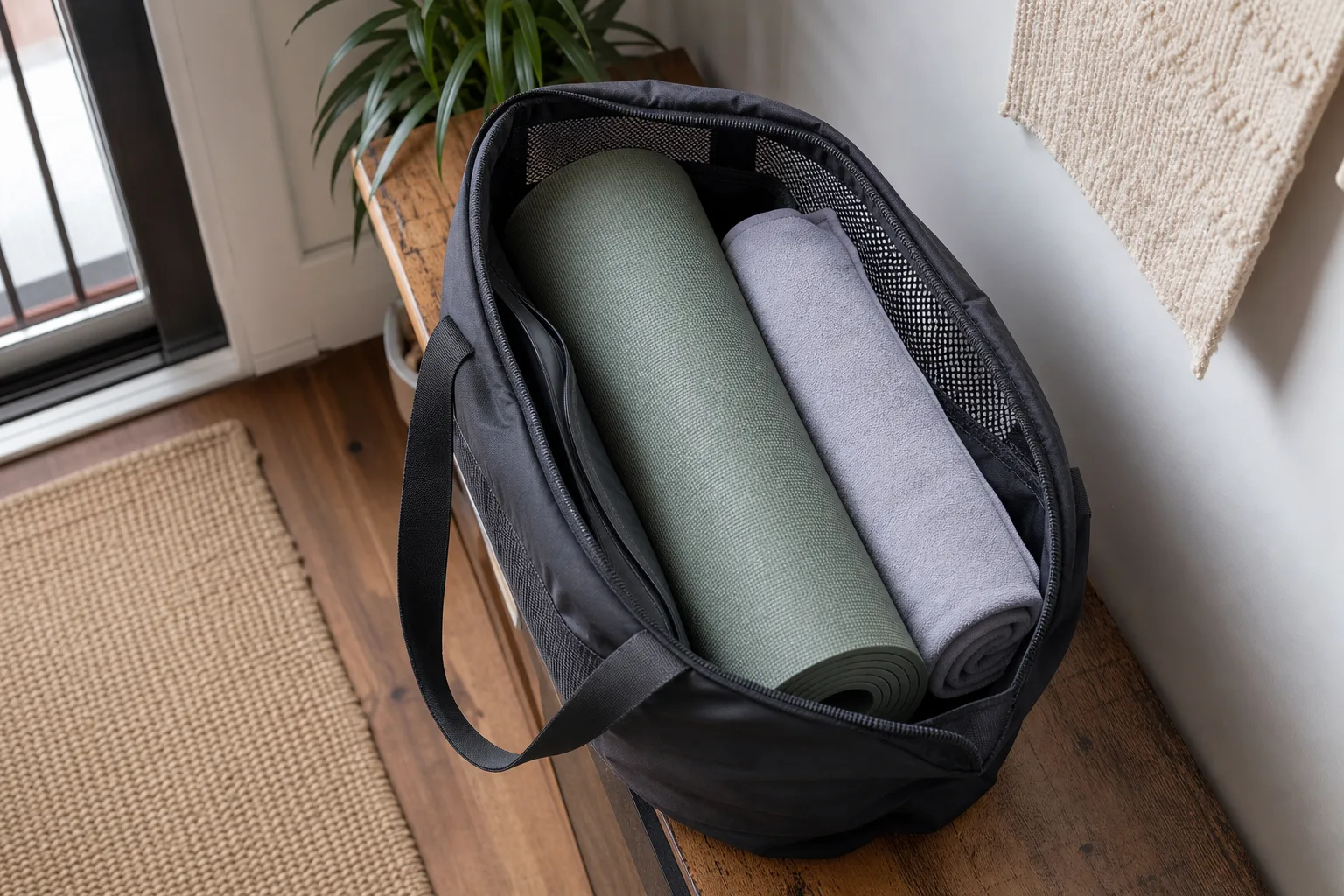 Overhead editorial photograph of one rolled sage yoga mat and one folded lavender mat towel packed side by side in an open ventilated black tote