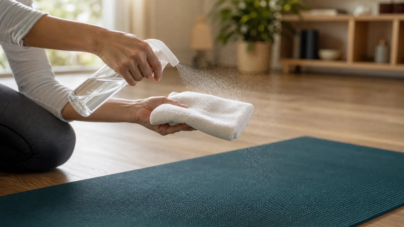 Hands spraying a fine mist from a clear unlabelled bottle onto a folded white microfiber cloth beside a dark teal yoga mat