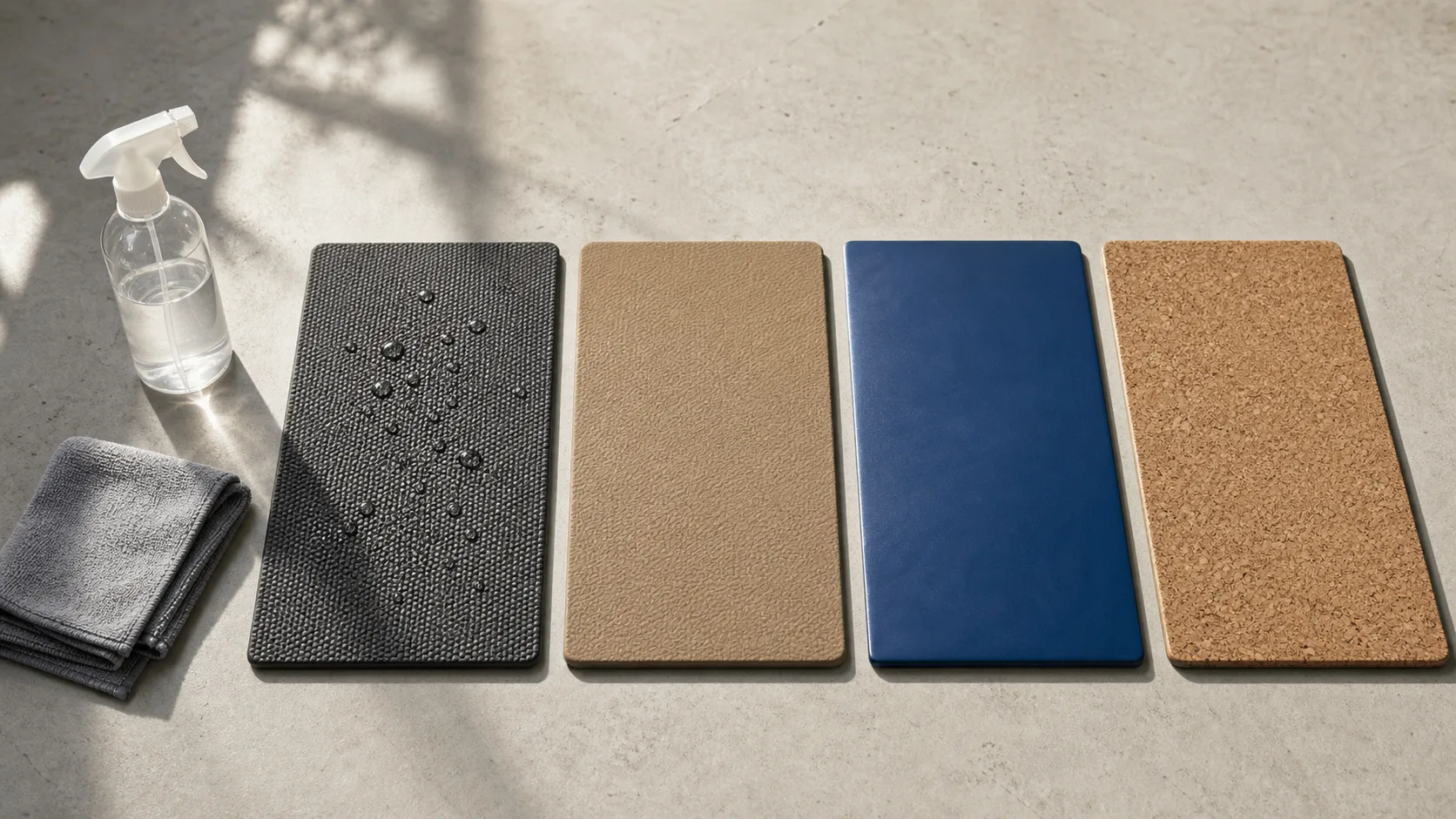 Four yoga mat material samples showing textured closed-cell material with water beads, tan rubber, blue polyurethane and cork beside an unlabelled spray bottle