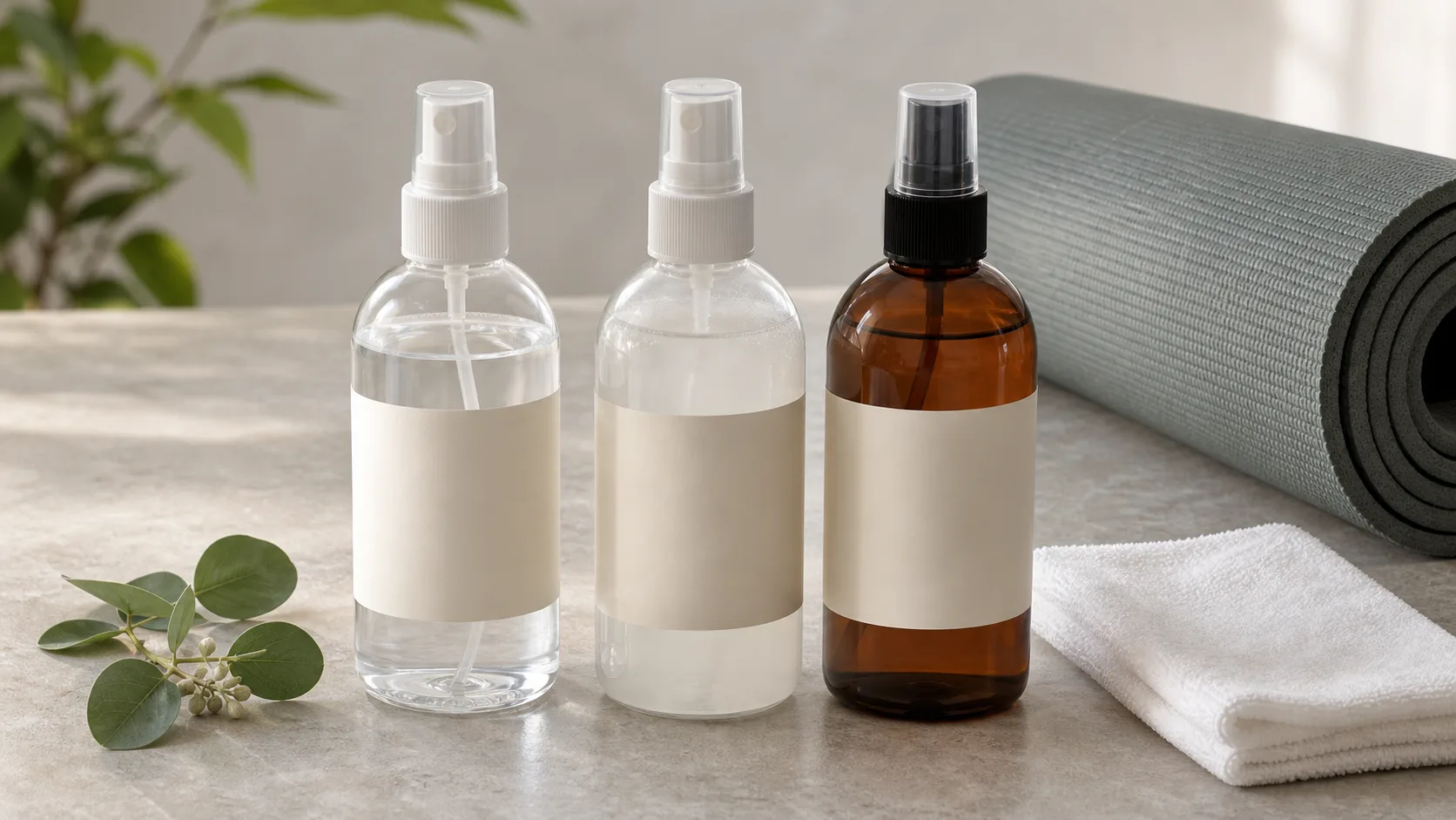 Three plain spray bottles containing clear, cloudy and amber liquids with blank label panels beside a cloth and rolled mat