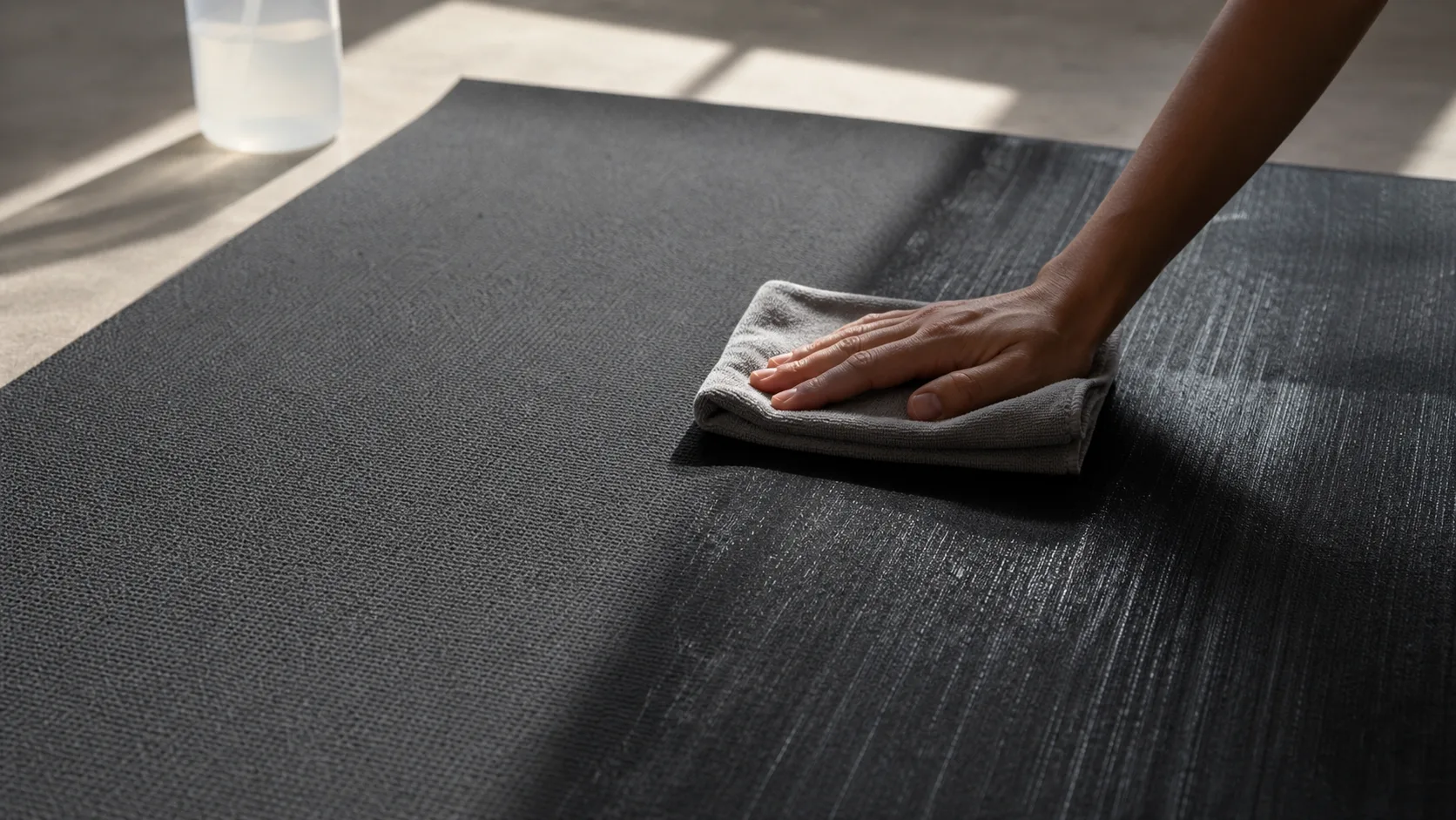 A hand wiping a charcoal yoga mat where low window light reveals an evenly matte area beside a shiny streaked area