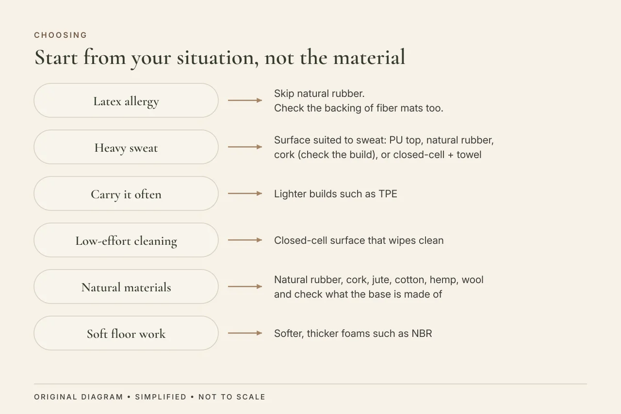 Decision chart linking six situations, such as latex allergy, heavy sweat and travel, to a matching yoga mat material direction