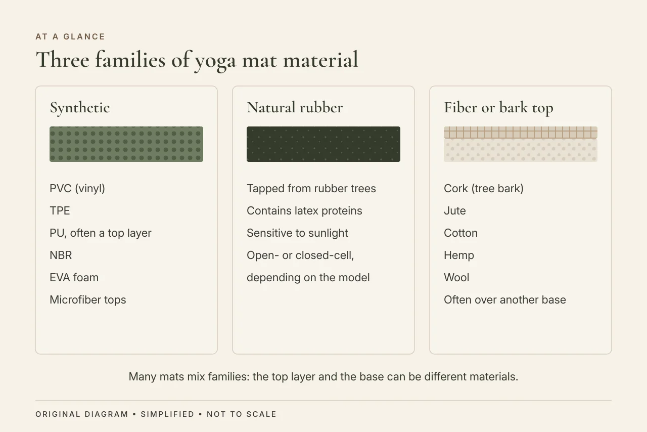 Diagram sorting yoga mat materials into three families: synthetic, natural rubber, and fiber or bark tops over a base