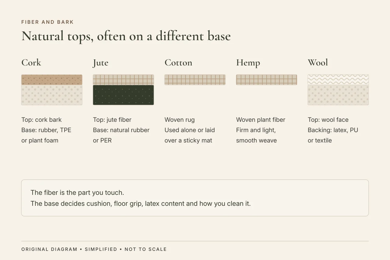 Five small mat cross-sections showing cork, jute and wool tops on separate bases, and cotton and hemp as woven layers