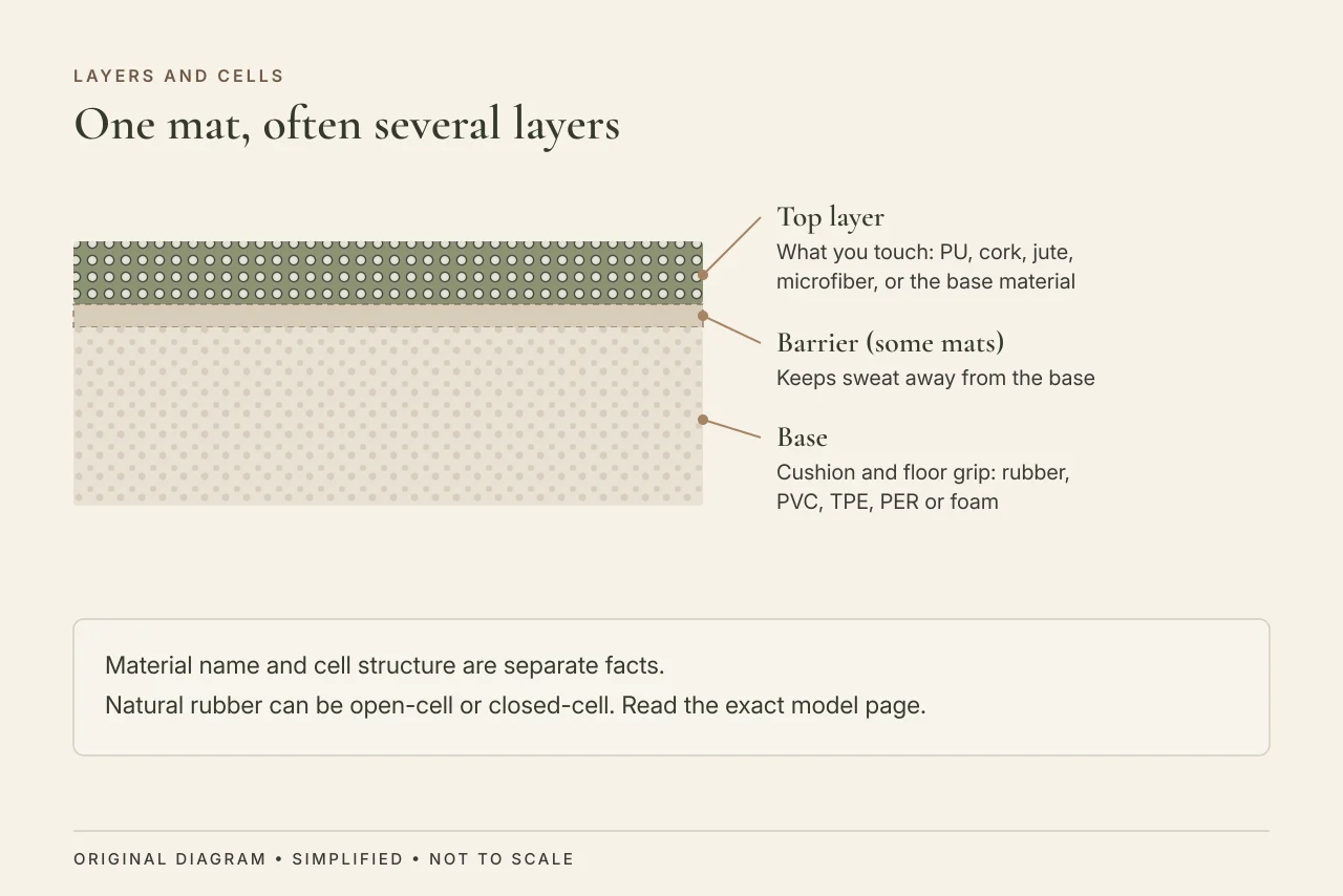 Cross-section of a layered yoga mat with a top layer, an optional sweat barrier and a cushioning base, each labeled