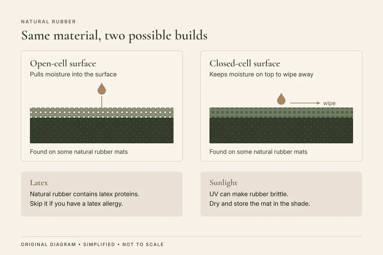 Two natural rubber mat cross-sections: sweat soaking into an open-cell surface and sweat staying on a closed-cell surface
