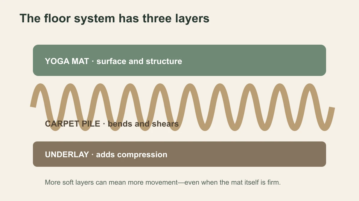 Cross-section showing a yoga mat above carpet pile and compressible carpet underlay