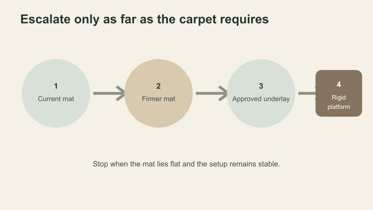 Four-step escalation from using the current yoga mat to a firmer mat, compatible underlay and rigid platform