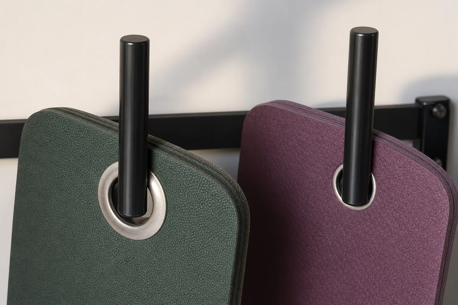 Close view of green and purple yoga mats hanging from black posts through reinforced metal eyelets