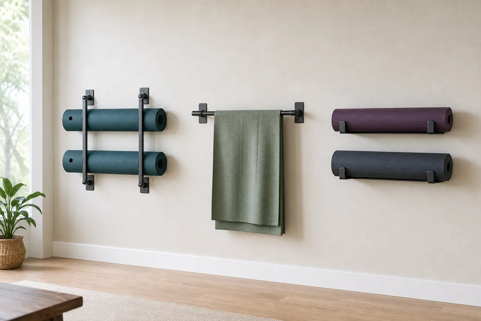 Three wall-mounted mat systems: a post rack for two eyelet mats, a bar holding one mat open and two cradles holding rolled mats