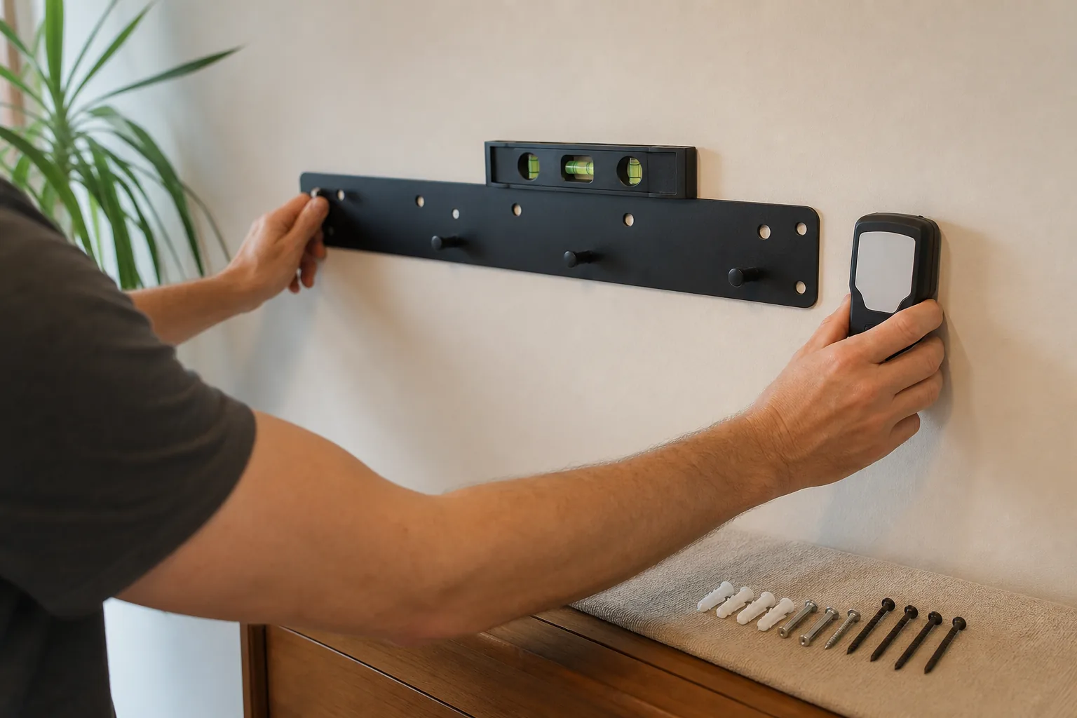 Installer holding a plain black rack backplate against a wall while using a level and electronic wall scanner beside separated fasteners
