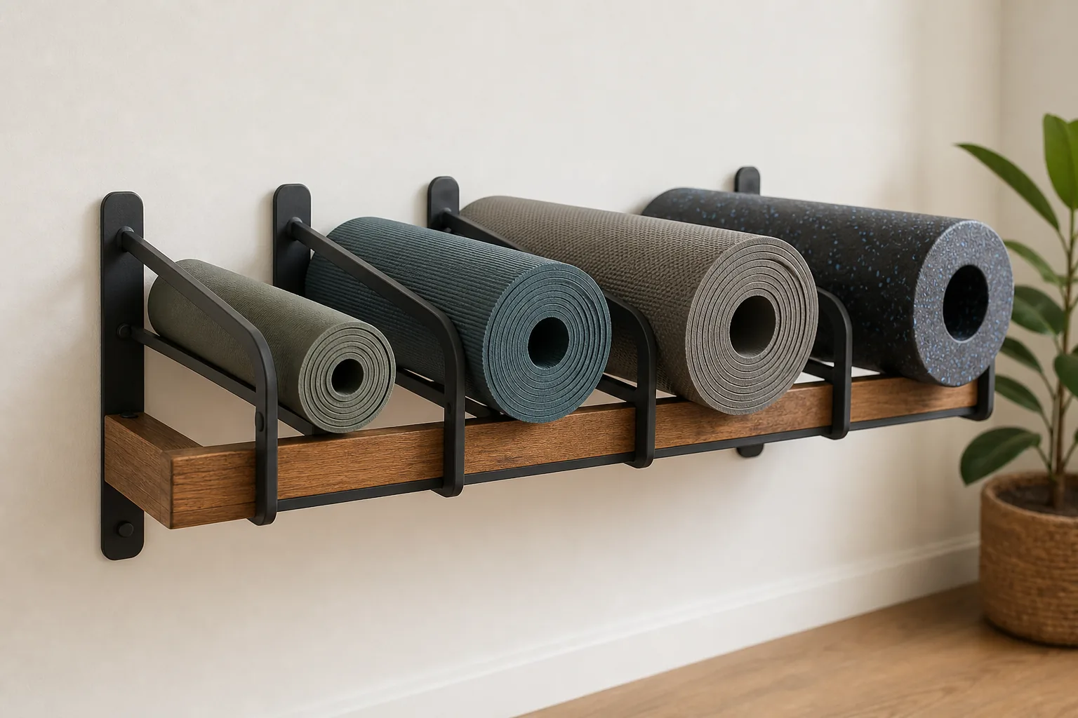 Wall cradle holding four rolled products with visibly different diameters and clear gaps between the supports
