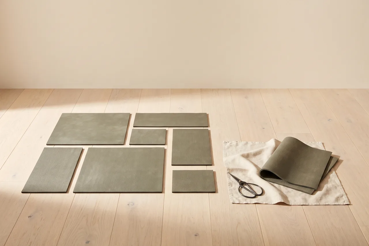 An old yoga mat cut into neat rectangles laid out on a pale wooden floor beside a pair of scissors