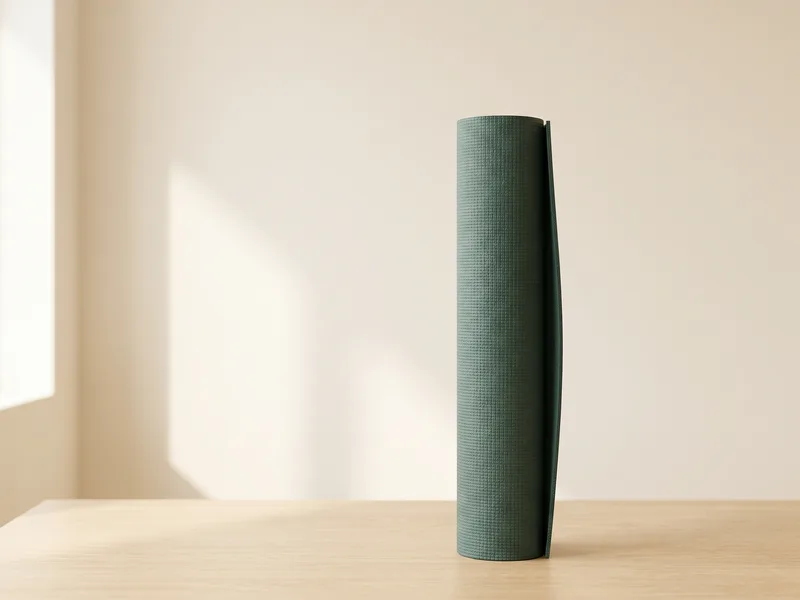 A rolled natural rubber yoga mat in muted deep teal-green