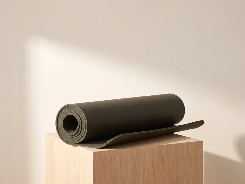 A rolled natural rubber yoga mat in dark charcoal-olive
