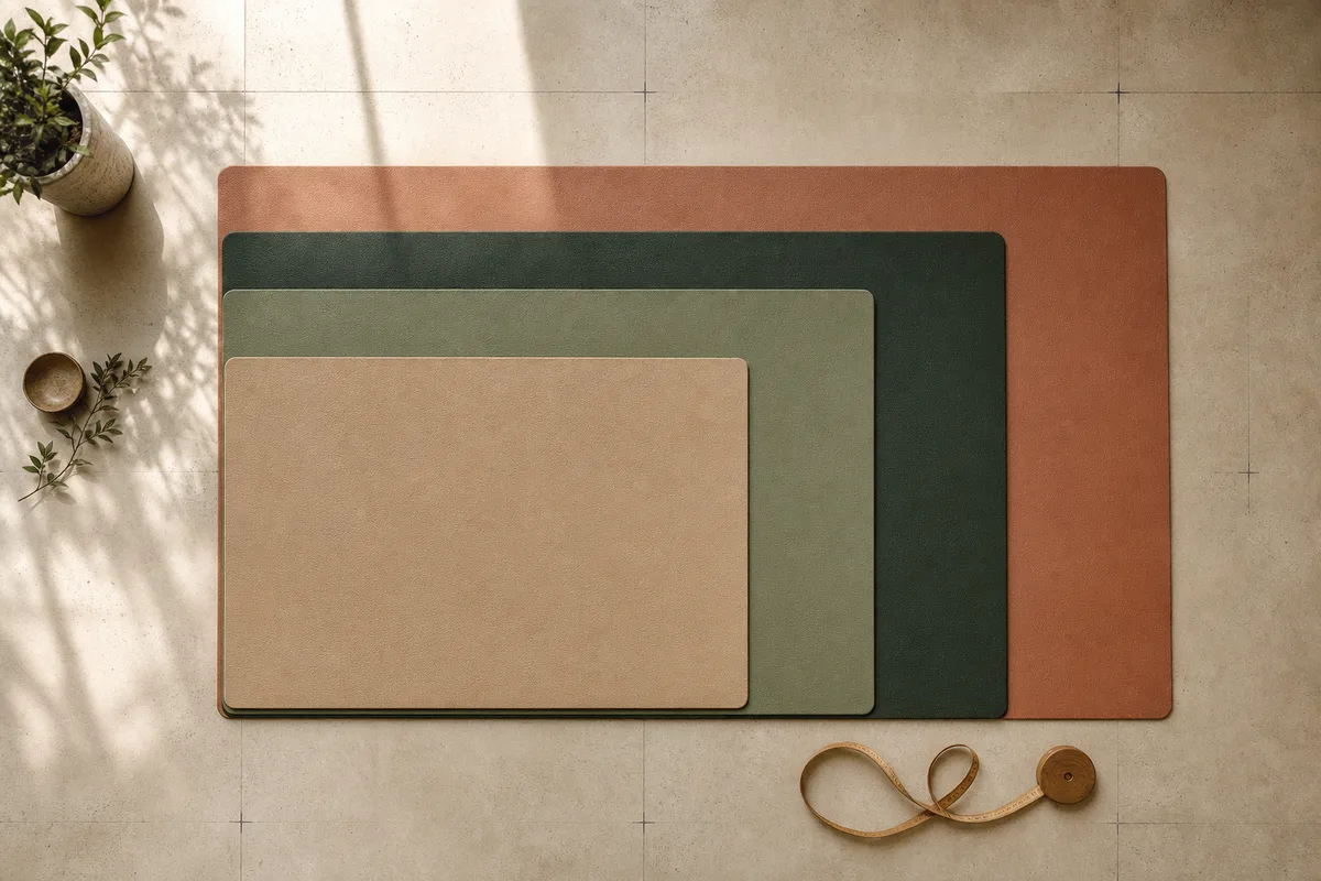Top-down comparison of four unbranded rectangular yoga mats nested from compact sand through standard sage and long forest to wide clay