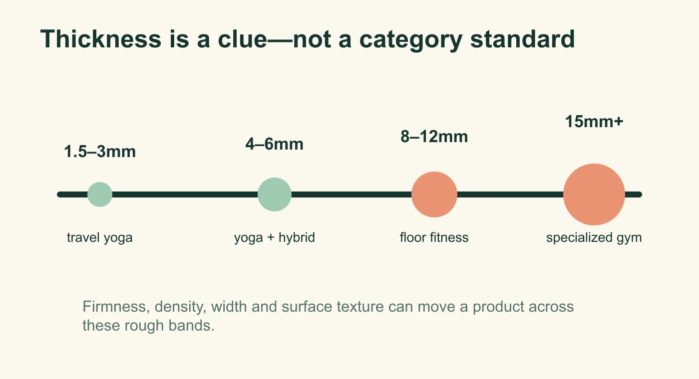 Thickness spectrum from thin travel yoga mats through hybrid and floor-fitness mats to specialized gym mats