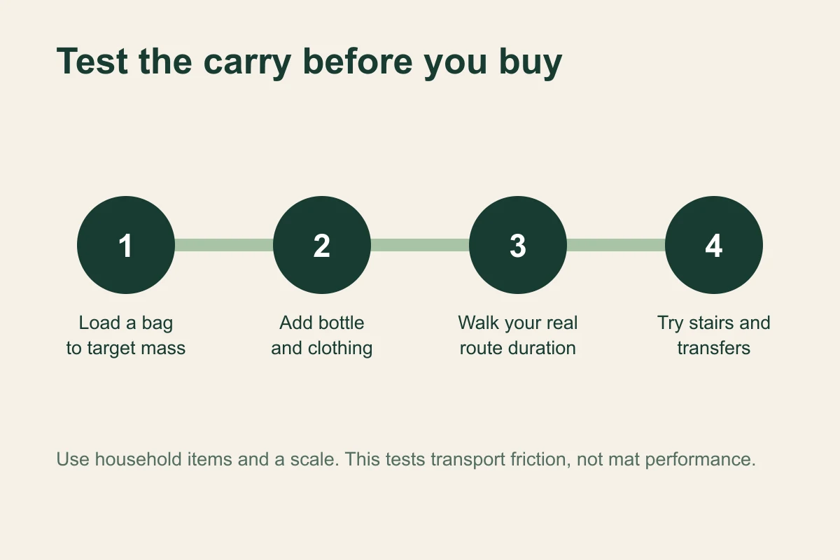 Four-step carry test: load a bag, add normal gear, walk the route duration and include ordinary transfers