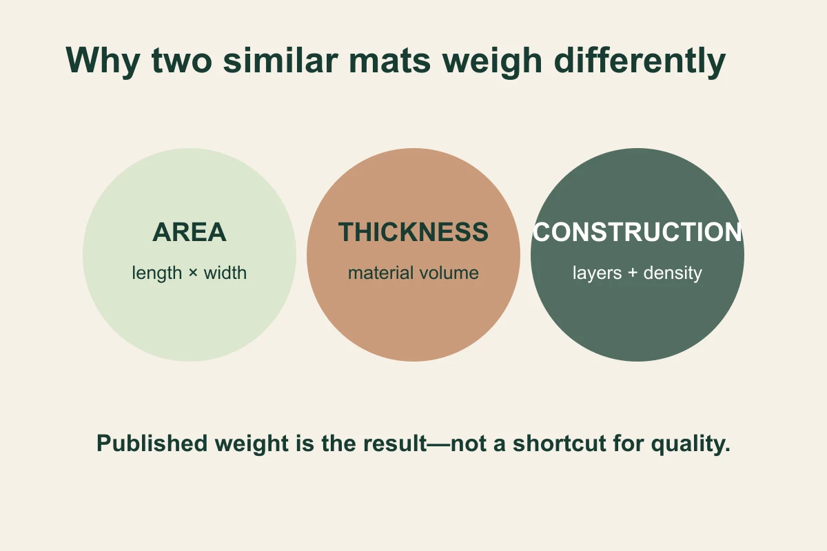 Three circles showing area, thickness and construction as the drivers of yoga mat weight