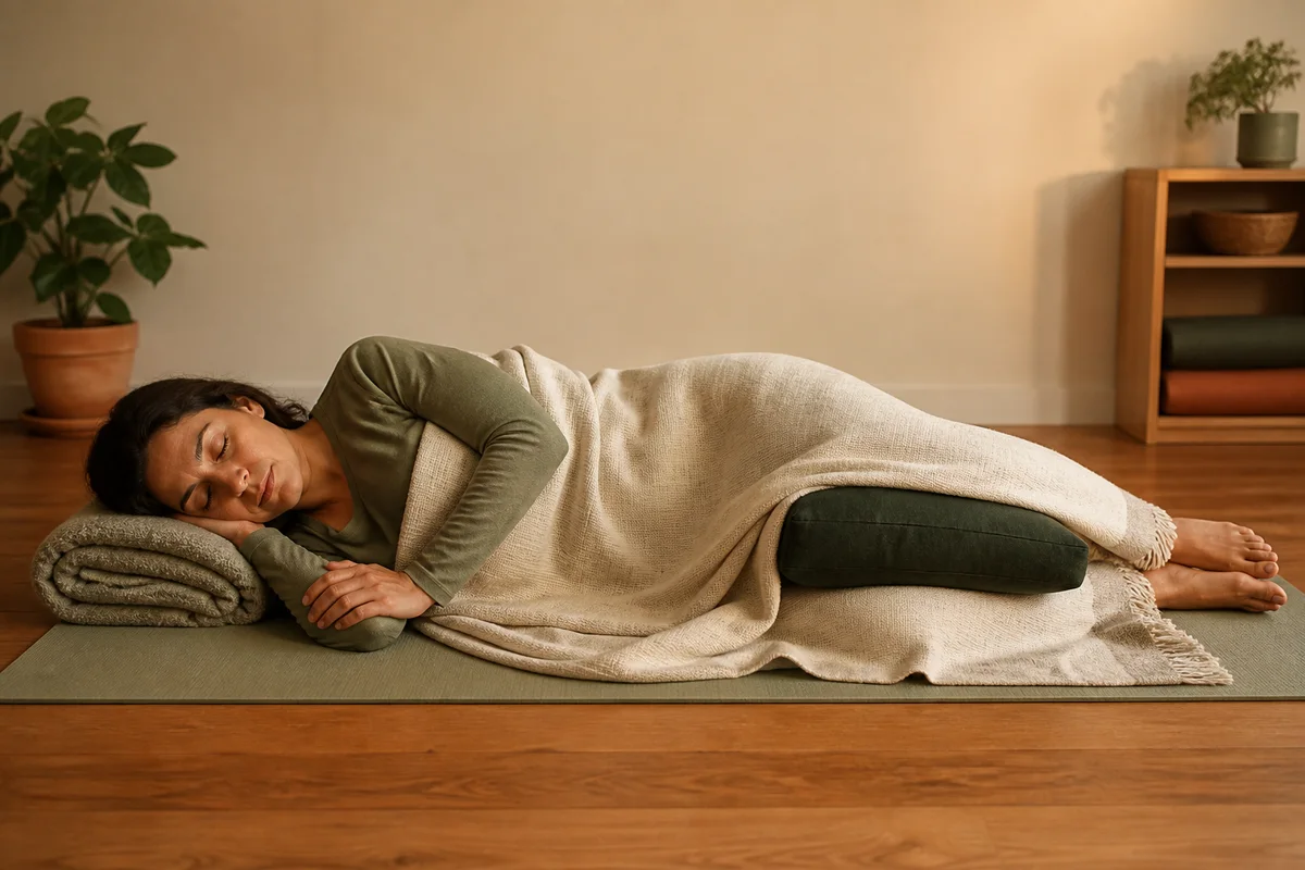 Adult resting on their side for Yoga Nidra with the head supported and a firm pillow between bent knees