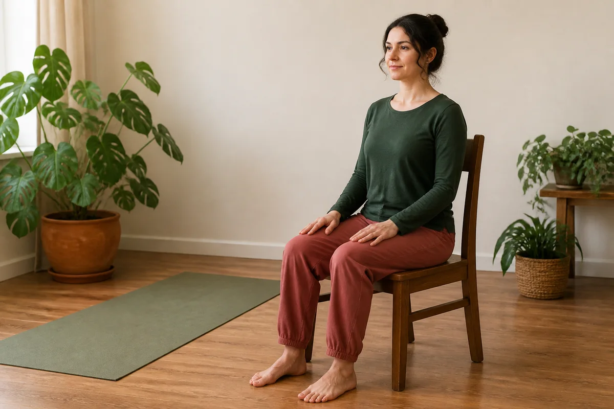 Adult seated upright in a sturdy chair with eyes open, feet flat on the floor, and hands resting on the thighs
