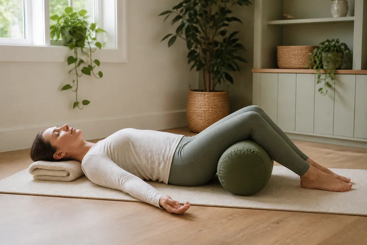 Adult resting on the back with a folded blanket under the head and a cylindrical bolster supporting bent knees
