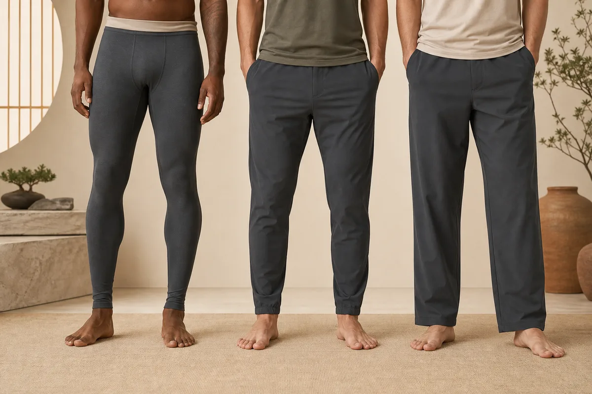 Three men shown from waist to ankle wearing close-fit tights, tapered joggers and relaxed straight-leg yoga pants