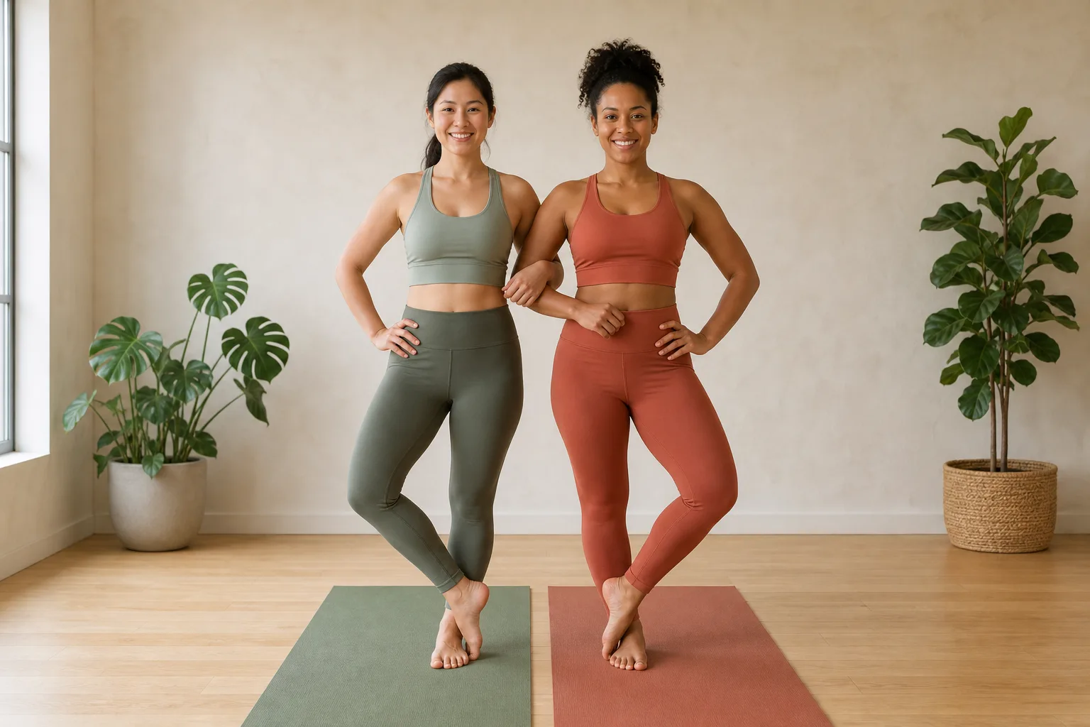 Two adults standing side by side in a low partner Tree Pose variation with their forearms linked for balance