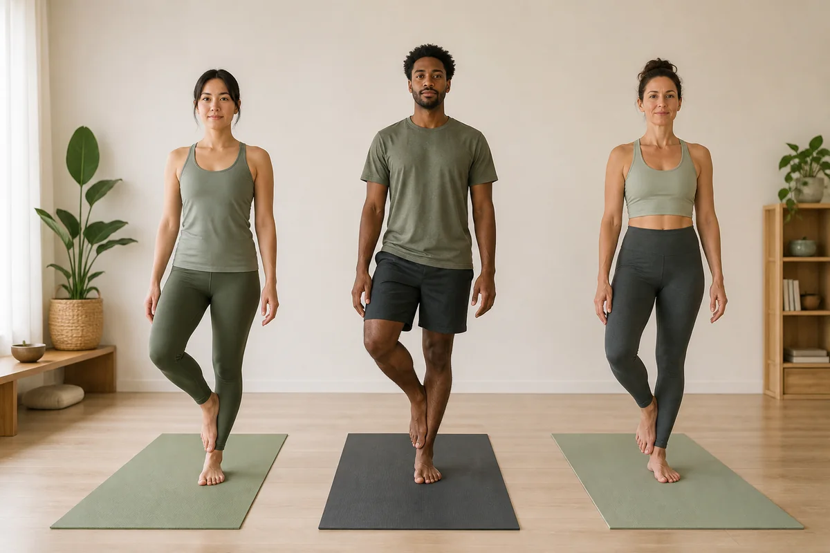 Three adults practicing low Tree Pose independently on separate yoga mats with their arms relaxed at their sides
