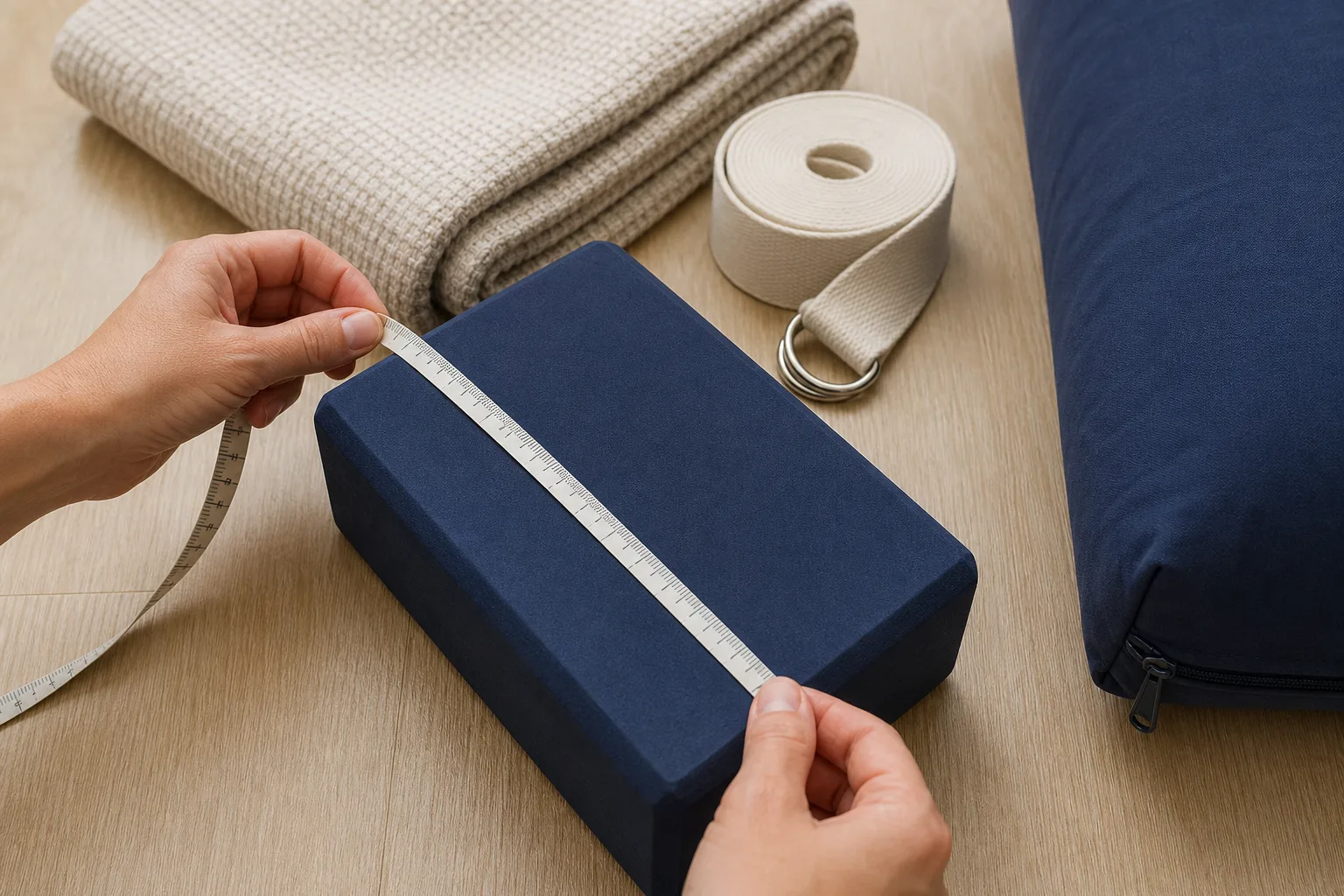 Hands checking an unbranded yoga prop bundle with a measuring tape across a foam block and the cotton strap buckle visible
