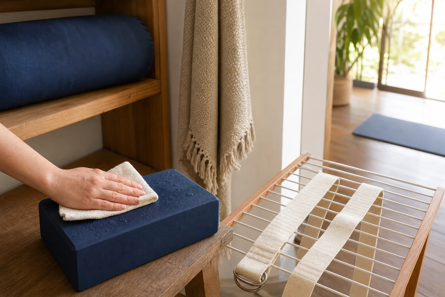 Clean unbranded yoga props drying separately with a foam block being wiped, cotton strap laid flat and woven blanket hanging