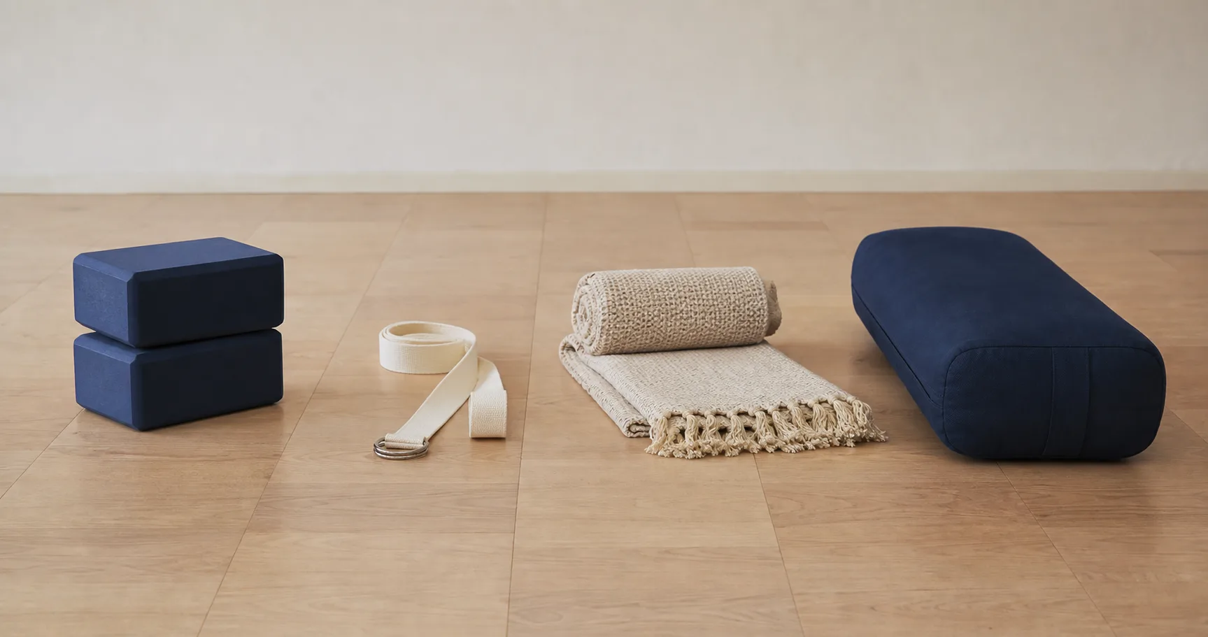 Four realistic groups of unbranded yoga equipment showing firm height, extended reach, layered cushioning and broad support