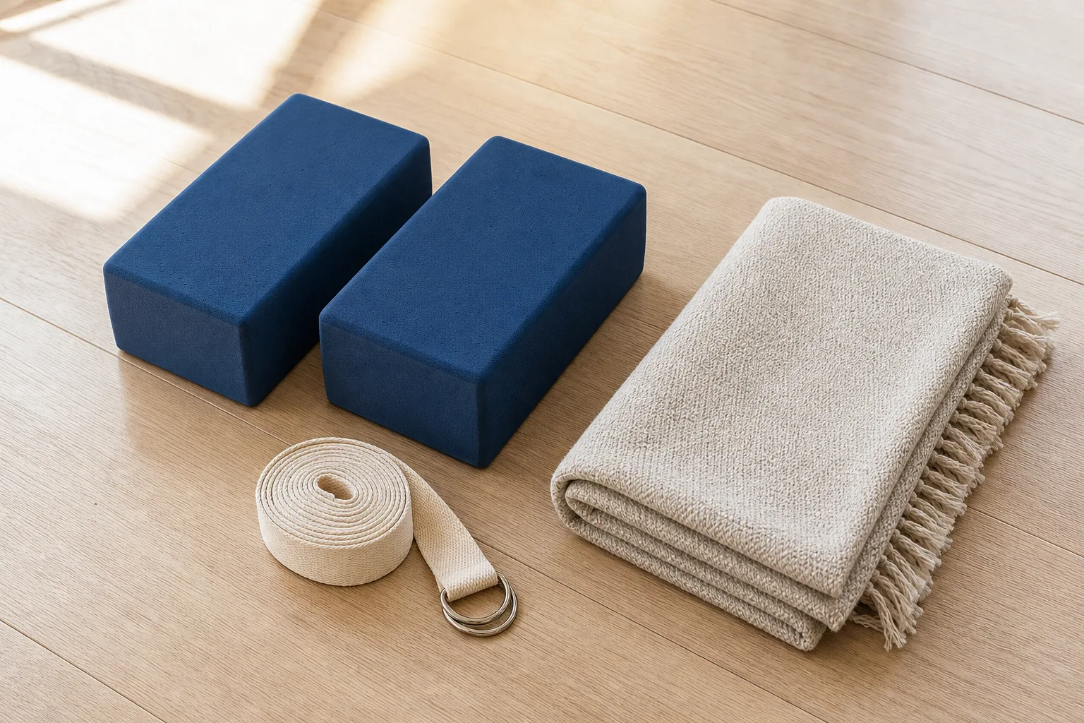Unbranded yoga starter kit arranged on a wood floor with two navy foam blocks, a cotton strap and one folded woven blanket