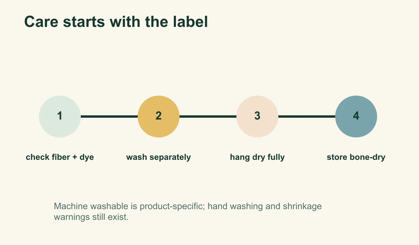 Four-step yoga rug care path: check fiber and dye, wash separately, hang dry and store fully dry