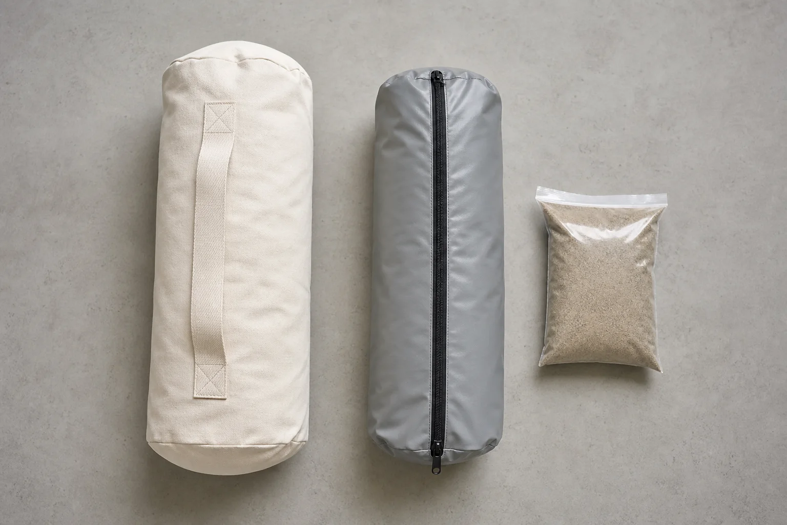 Top-down photograph of a cotton-twill yoga sandbag cover with reinforced handle, coated zippered inner liner and sealed sample of dry sand