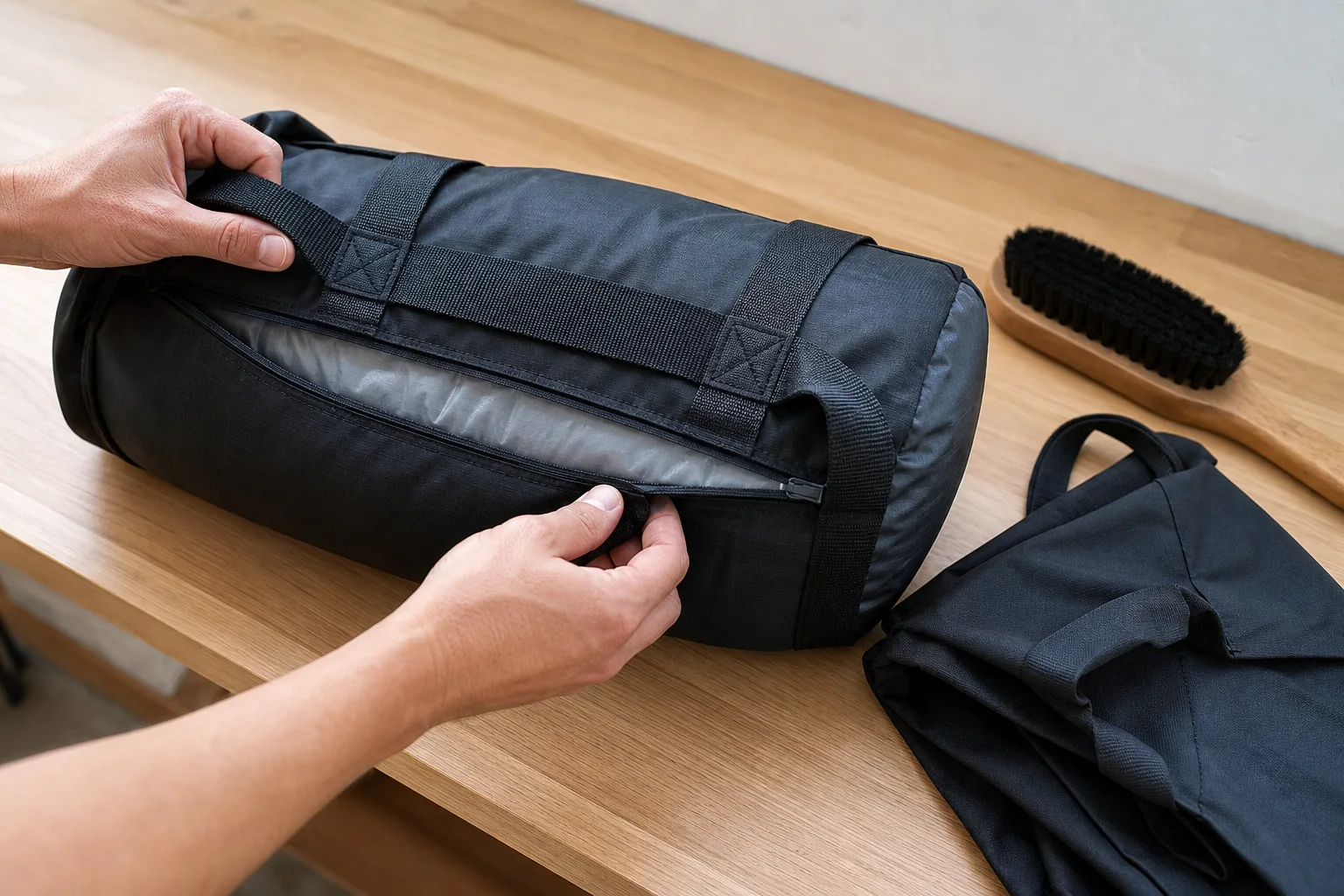 Hands inspecting reinforced handle stitching, zipper and inner liner of a clean dry yoga sandbag beside a soft brush and folded empty cover