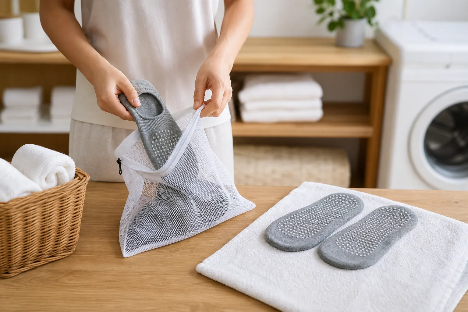 Person placing unbranded yoga grip socks in a mesh wash bag while another pair air-dries flat