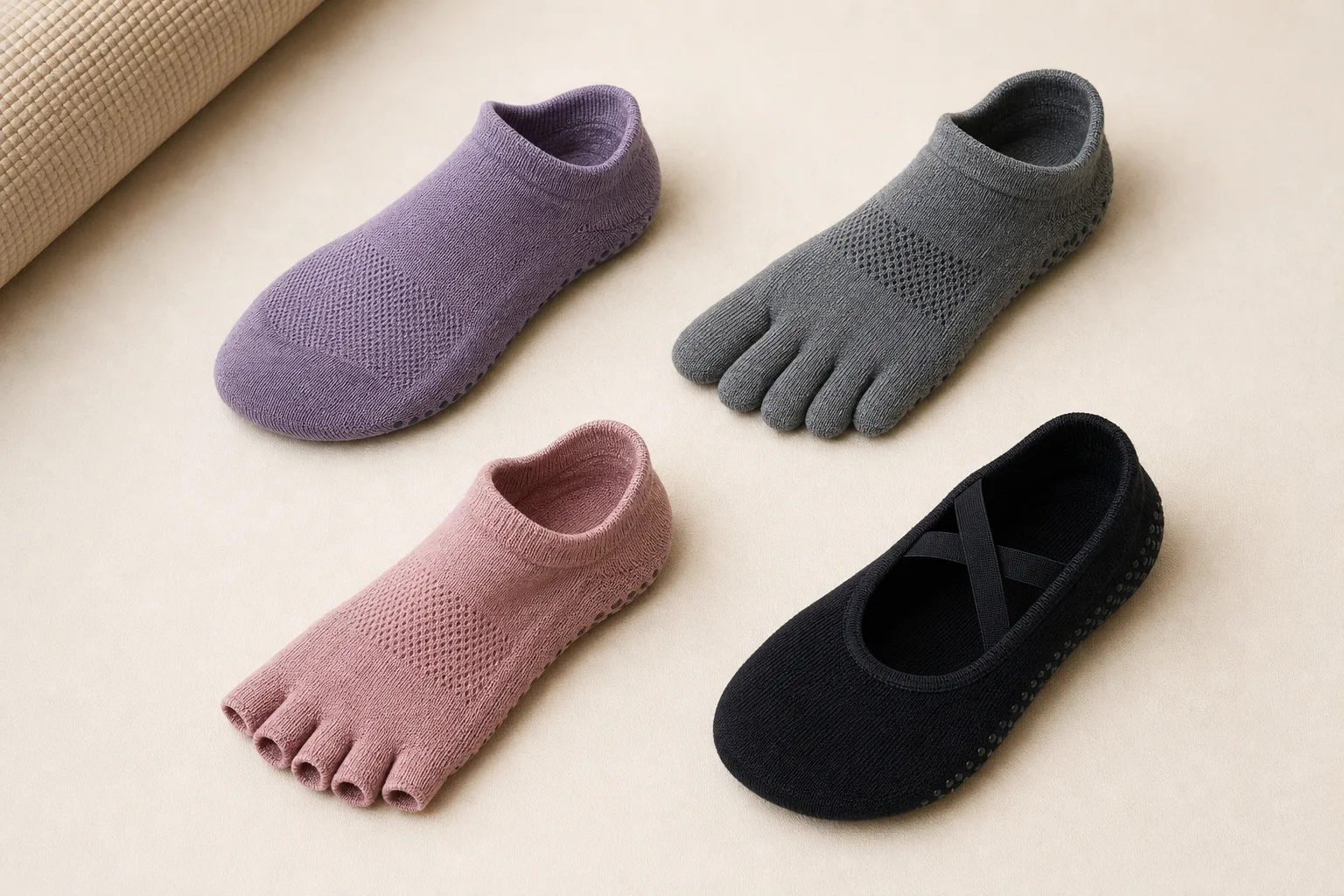 Overhead product photograph comparing conventional, five-toe, toeless and open-vamp grip sock constructions