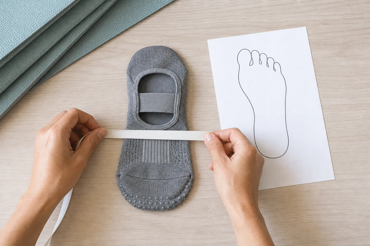 Hands measuring an unbranded yoga sock beside a simple paper foot outline on a pale wood table