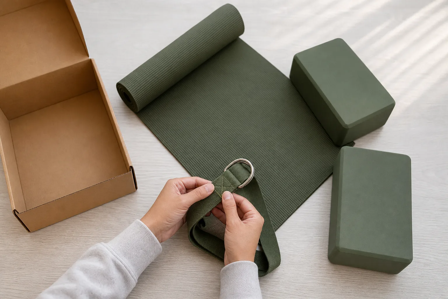 Overhead editorial photograph of hands inspecting the stitching and D-rings of a green strap beside one green mat and two matching blocks