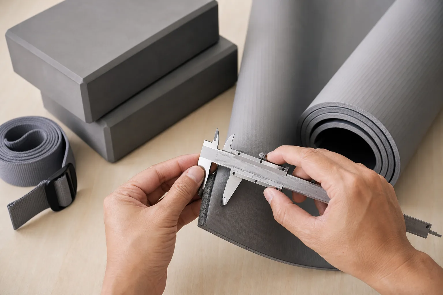 Editorial close-up of adult hands measuring the edge of an unbranded dark yoga mat with a metal caliper while blocks and a strap sit nearby