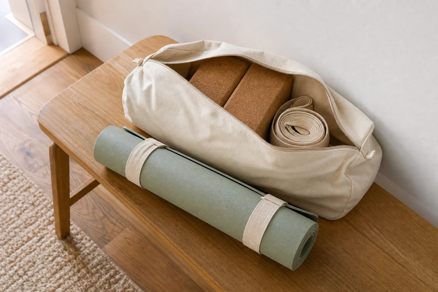 Editorial photograph of a rolled sage yoga mat secured outside an open cream canvas bag containing two cork blocks and one rolled strap