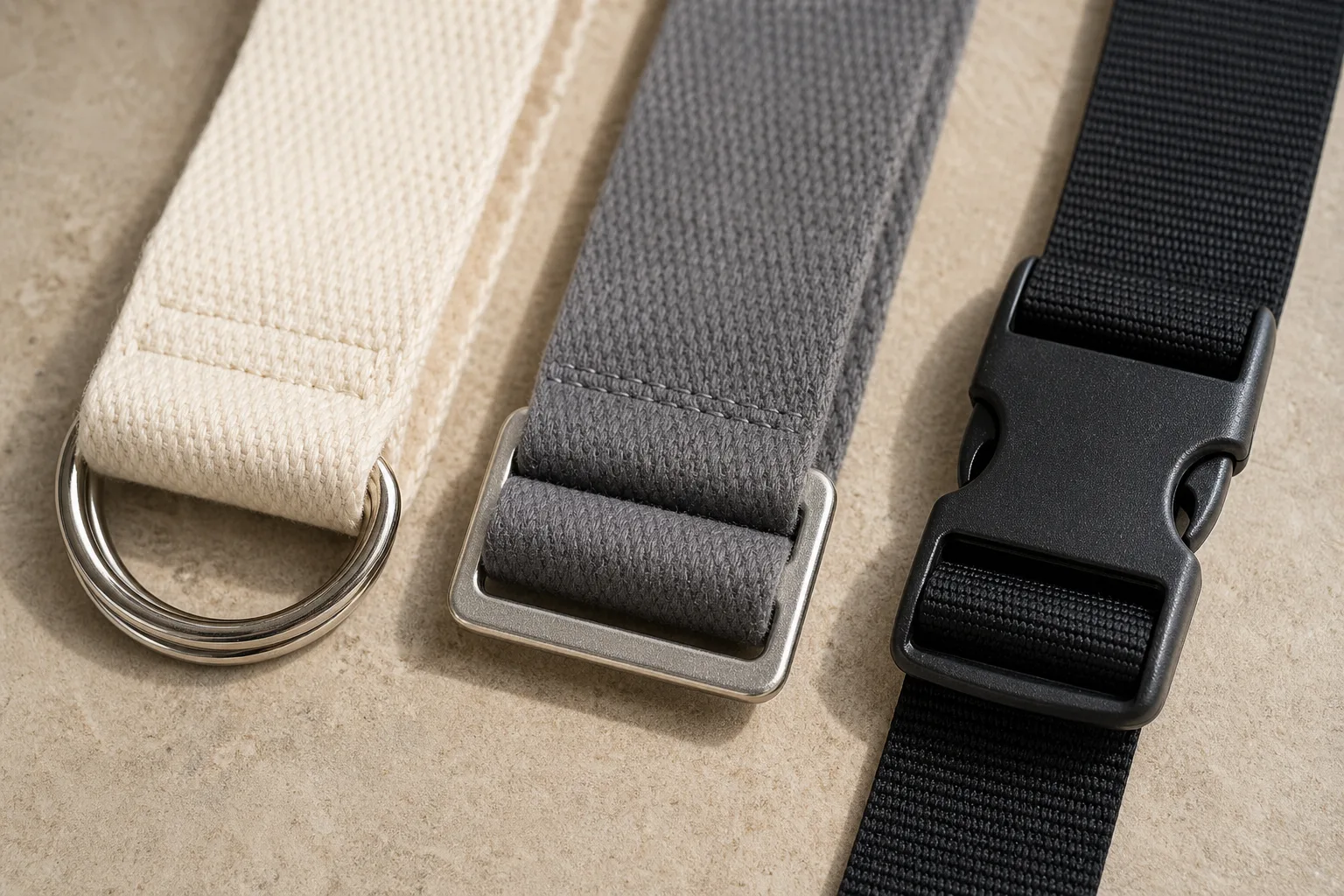 Close photograph of cotton webbing with paired metal D-rings, a rectangular sliding-bar buckle and a woven strap with a black quick-release buckle
