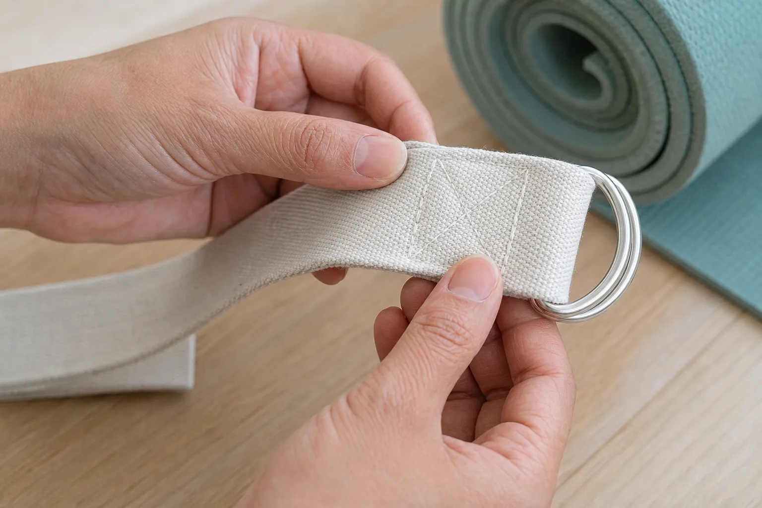Adult hands inspecting reinforced box stitching where a cream cotton yoga strap attaches to two metal D-rings